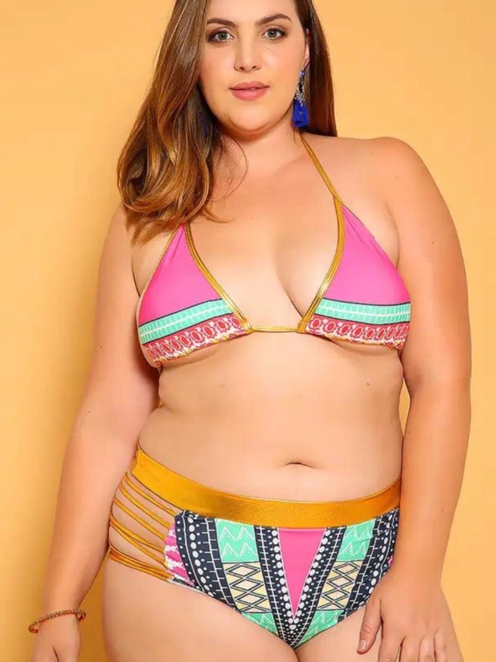 Plus-Size Pink & Multicolor Triangle Bikini Set - Picture 2 of 4